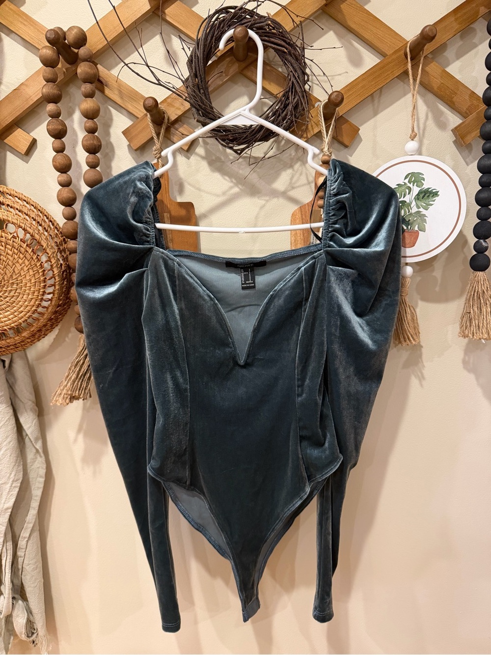 Forever 21 Velvet Puff-Sleeve Bodysuit in Deep Teal